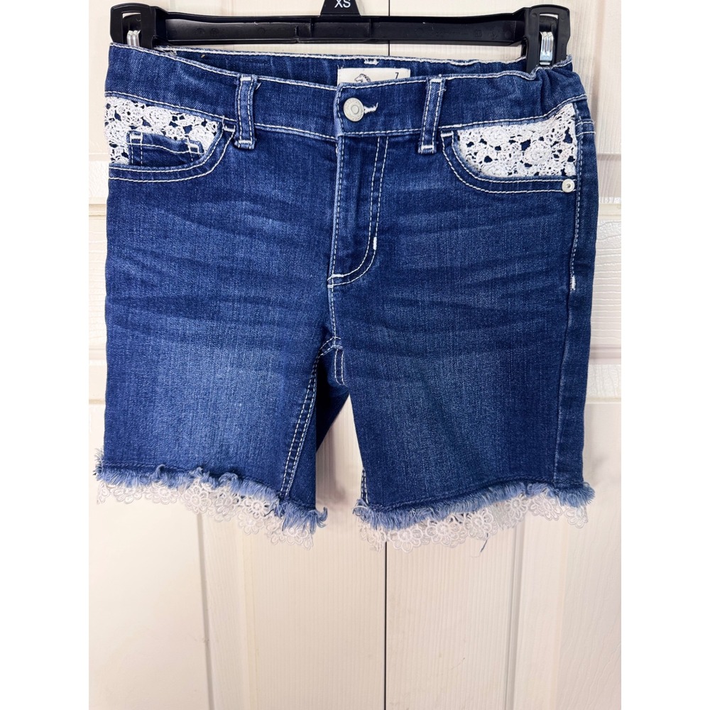 Jordache Girls Denim Shorts Size 7 Blue‎ Distressed White Lace Trim Cute